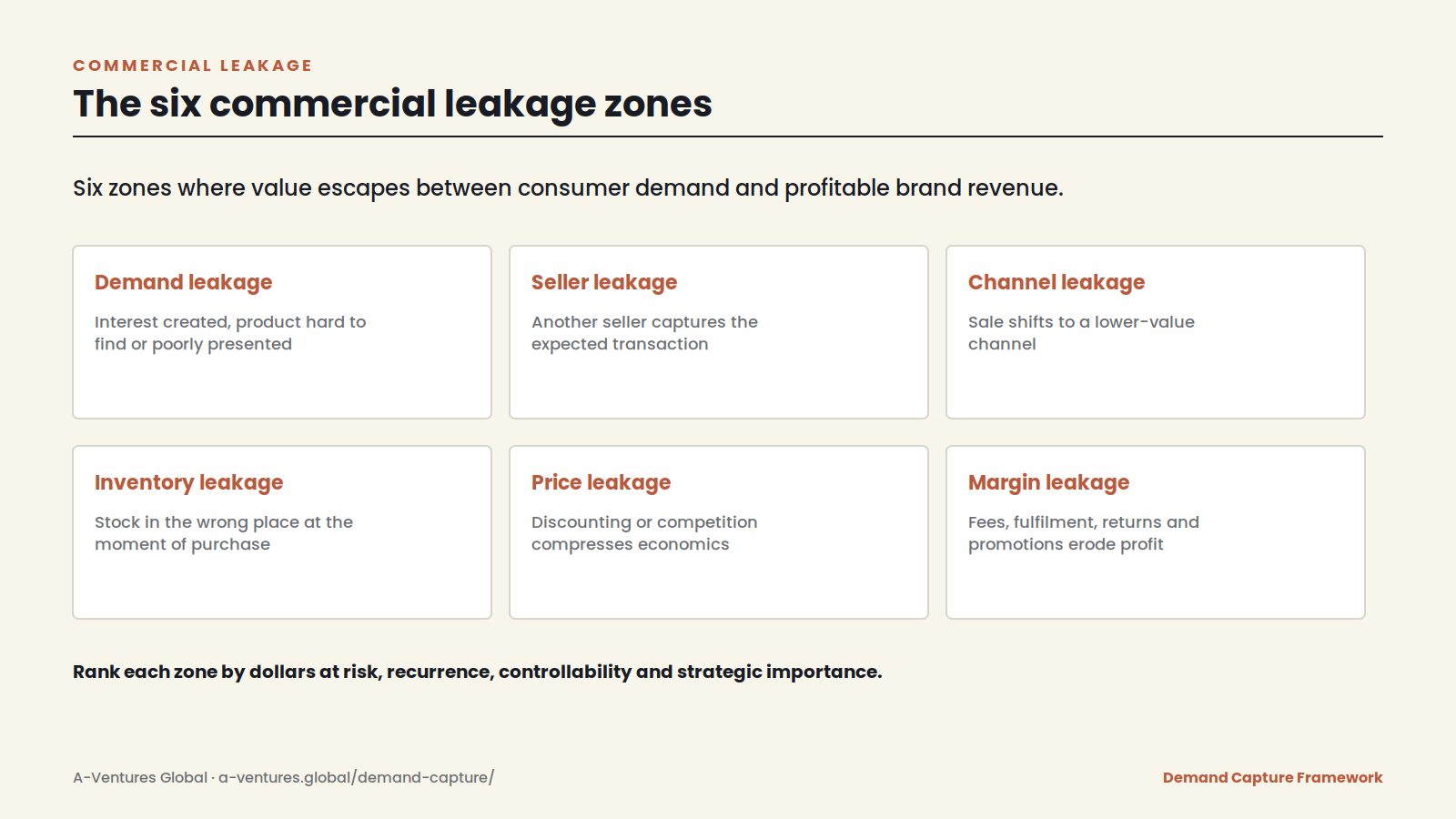 Commercial leakage diagram: the six leakage zones, demand, seller, channel, inventory, price and margin